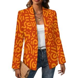 Woman wearing the Tangerine Squiggle Print Lapel Blazer by Creamy Cougar