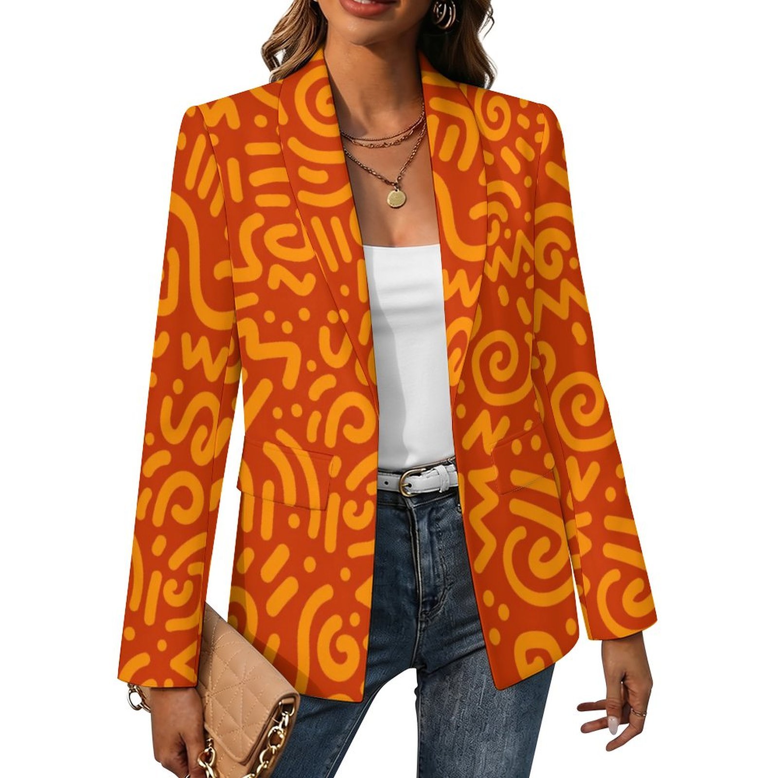 Woman wearing the Tangerine Squiggle Print Lapel Blazer by Creamy Cougar