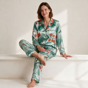 Woman wearing the Mint Berry Print Satin Pajama Set by Creamy Cougar