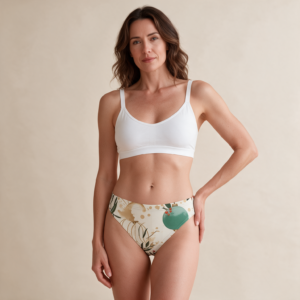 Woman wearing the Ivory Botanical Print Panties by Creamy Cougar