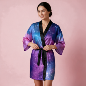 Woman wearing the Galaxy Satin Robe by Creamy Cougar