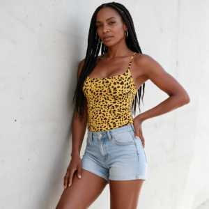 Woman wearing the Yellow Cheetah Print Spaghetti Strap Tank Top by Creamy Cougar