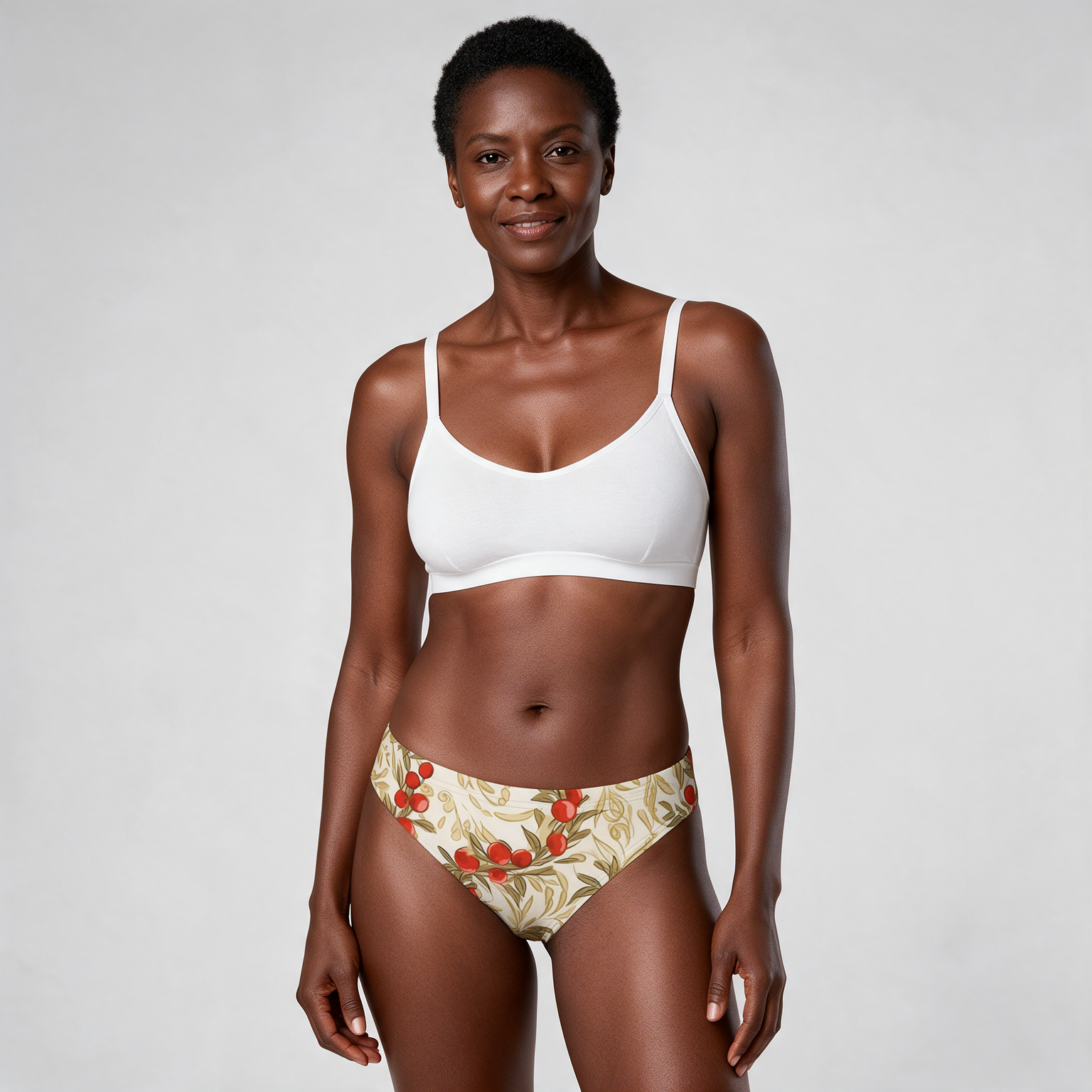 Woman wearing the Red Berry Floral Print Panties by Creamy Cougar