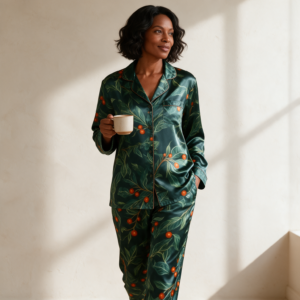 Woman wearing the Emerald Leaf Print Satin Pajama Set by Creamy Cougar