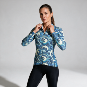 Woman wearing the Blue Wave Print Long-Sleeve Cycling Jersey by Creamy Cougar