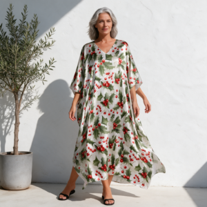Woman wearing the Ivory Botanical Print Satin Kaftan Robe by Creamy Cougar