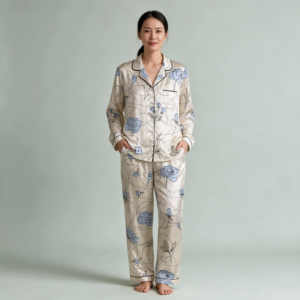 Woman wearing the Ivory Blue Floral Print Satin Pajama Set by Creamy Cougar