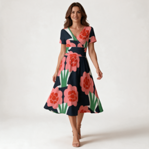Woman wearing the Navy Coral Floral Print V-Neck Midi Dress by Creamy Cougar