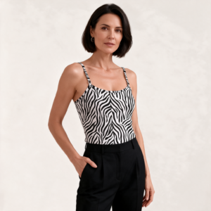 Woman wearing the Zebra Print Spaghetti Strap Tank Top by Creamy Cougar