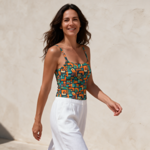 Woman wearing the Teal Geometric Print Spaghetti Strap Tank Top by Creamy Cougar