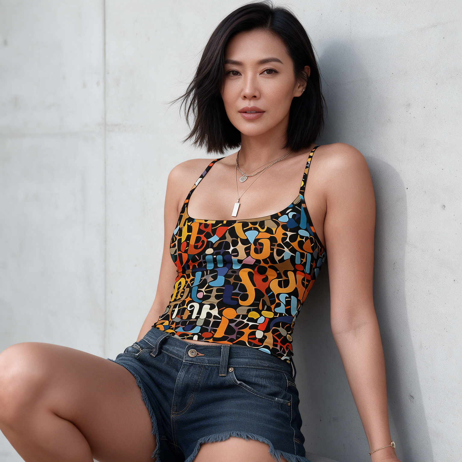 Woman wearing the Graffiti Letter Spaghetti Strap Tank Top by Creamy Cougar