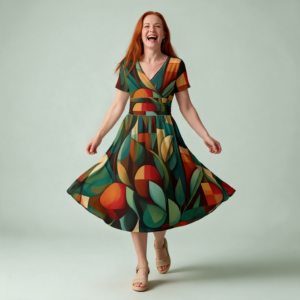 Woman wearing the Green Tulip Print V-Neck Midi Dress by Creamy Cougar