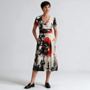Woman wearing the Black & Cream Abstract Print V-Neck Midi Dress by Creamy Cougar