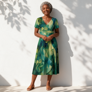 Woman wearing the Emerald Watercolor V-Neck Midi Dress by Creamy Cougar