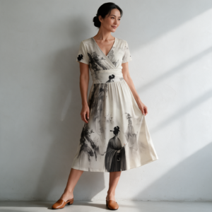 Woman wearing the Ivory Ink Wash V-Neck Midi Dress by Creamy Cougar