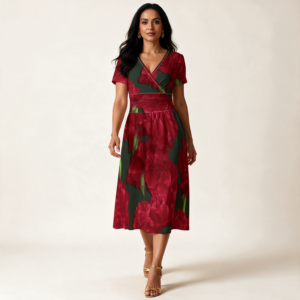 Woman wearing the Crimson Floral Print V-Neck Midi Dress by Creamy Cougar