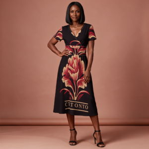 Woman wearing the Black Red Rose Print V-Neck Midi Dress by Creamy Cougar