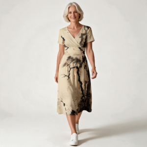 Woman wearing the Cream Watercolor V-Neck Midi Dress by Creamy Cougar