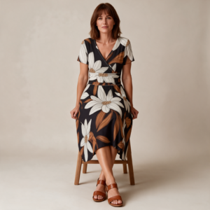 Woman wearing the Brown Daisy Print V-Neck Midi Dress by Creamy Cougar