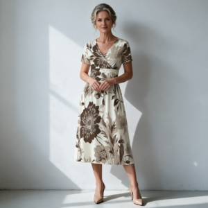 Woman wearing the Taupe Vintage Floral Print V-Neck Midi Dress by Creamy Cougar