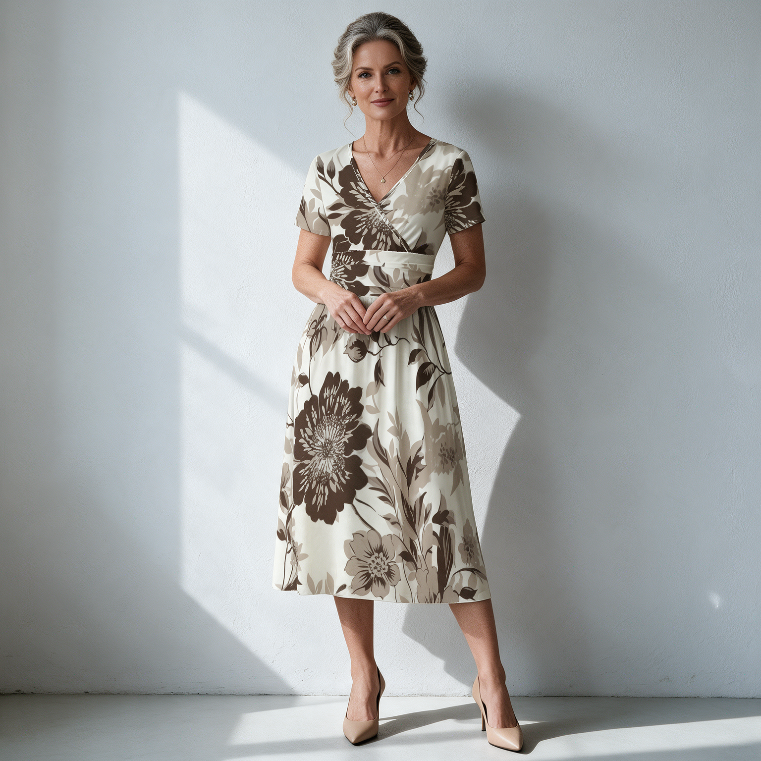 Woman wearing the Taupe Vintage Floral Print V-Neck Midi Dress by Creamy Cougar