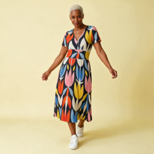 Woman wearing the Colorblock Tulip Print V-Neck Midi Dress by Creamy Cougar