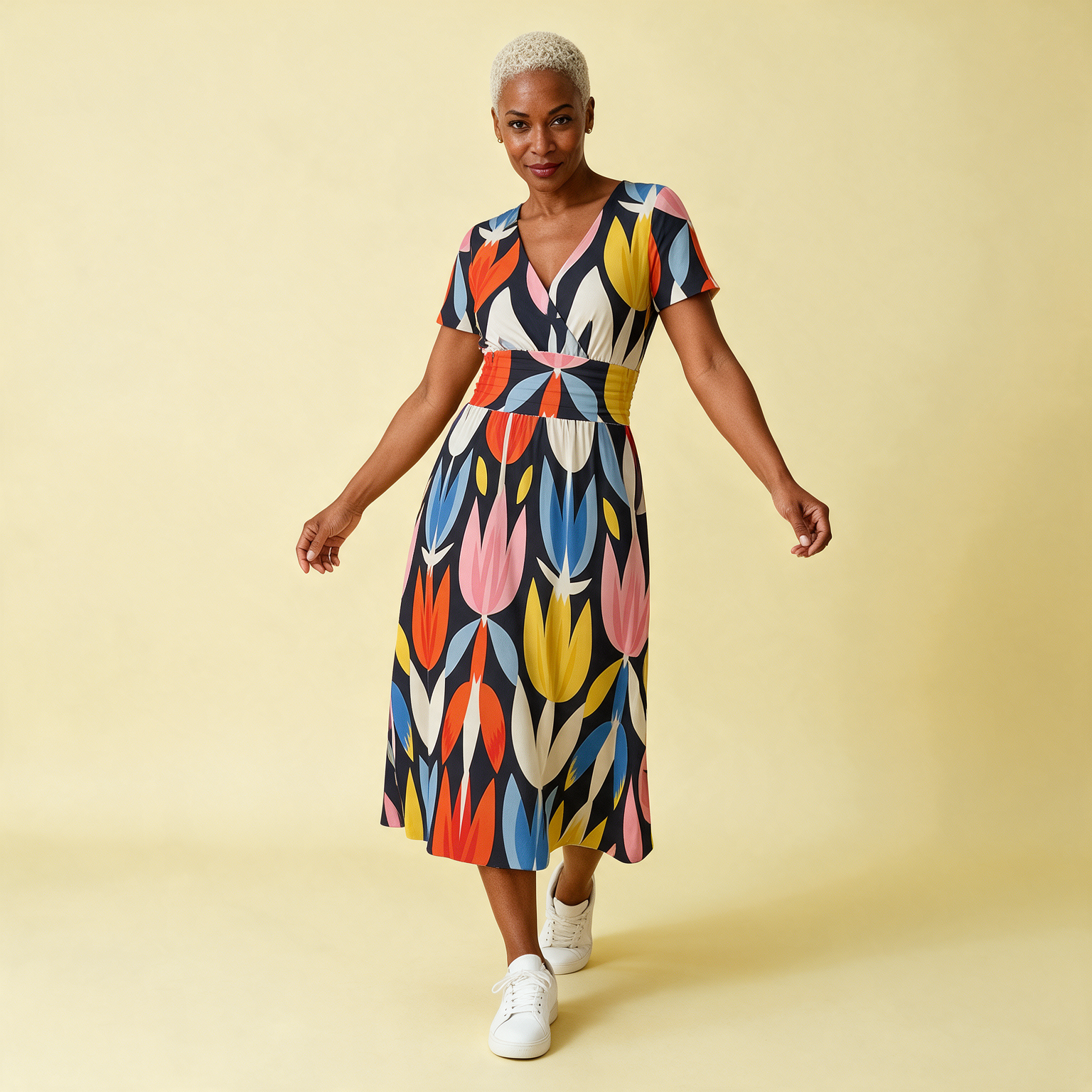 Woman wearing the Colorblock Tulip Print V-Neck Midi Dress by Creamy Cougar