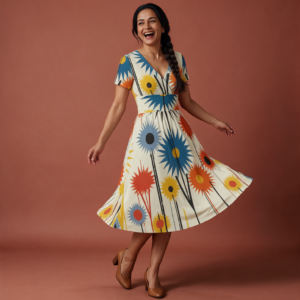 Woman wearing the Cream Starburst Print V-Neck Midi Dress by Creamy Cougar