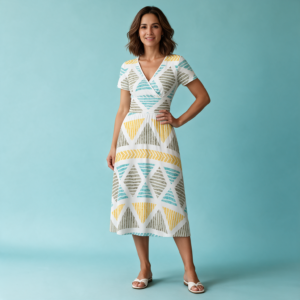 Woman wearing the Aqua Triangle Print V-Neck Midi Dress by Creamy Cougar