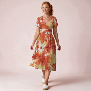 Woman wearing the Coral Tropical Floral Print V-Neck Midi Dress by Creamy Cougar