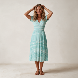 Woman wearing the Aqua Tribal Stripe V-Neck Midi Dress by Creamy Cougar