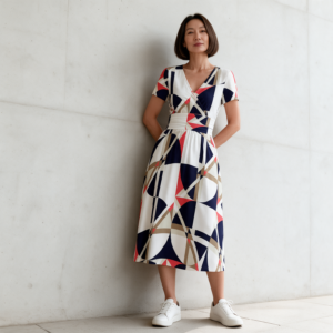 Woman wearing the Navy Geometric Print V-Neck Midi Dress by Creamy Cougar