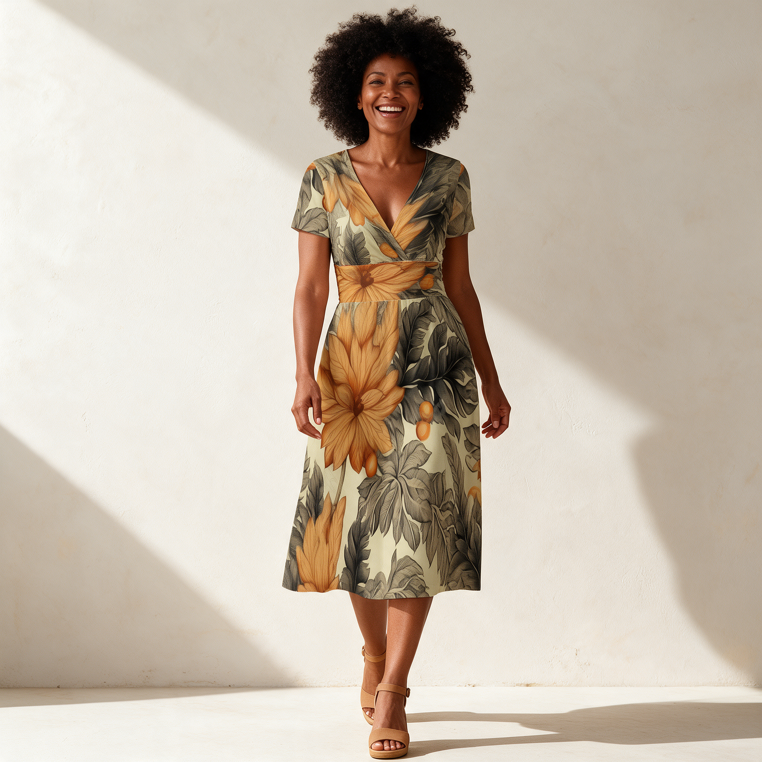 Woman wearing the Mustard Sunflower Print V-Neck Midi Dress by Creamy Cougar