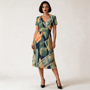 Woman wearing the Navy Art Deco Print V-Neck Midi Dress by Creamy Cougar
