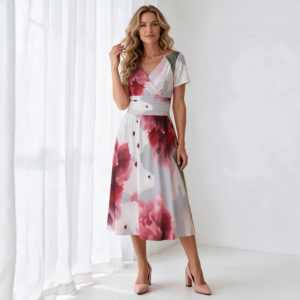 Woman wearing the Pink Blossom Print V-Neck Midi Dress by Creamy Cougar