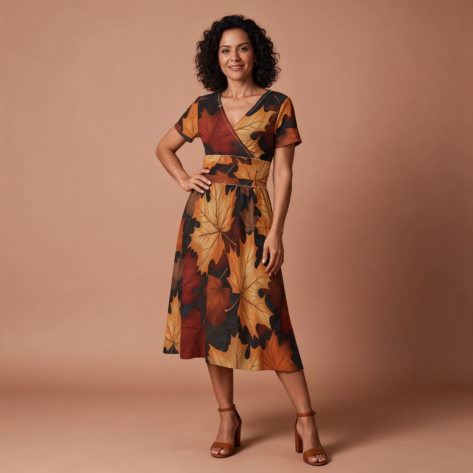 Woman wearing the Rust Floral Print V-Neck Midi Dress by Creamy Cougar