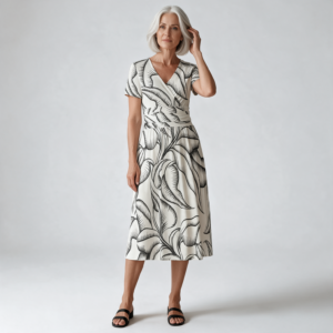 Woman wearing the White Leaf Line V-Neck Midi Dress by Creamy Cougar