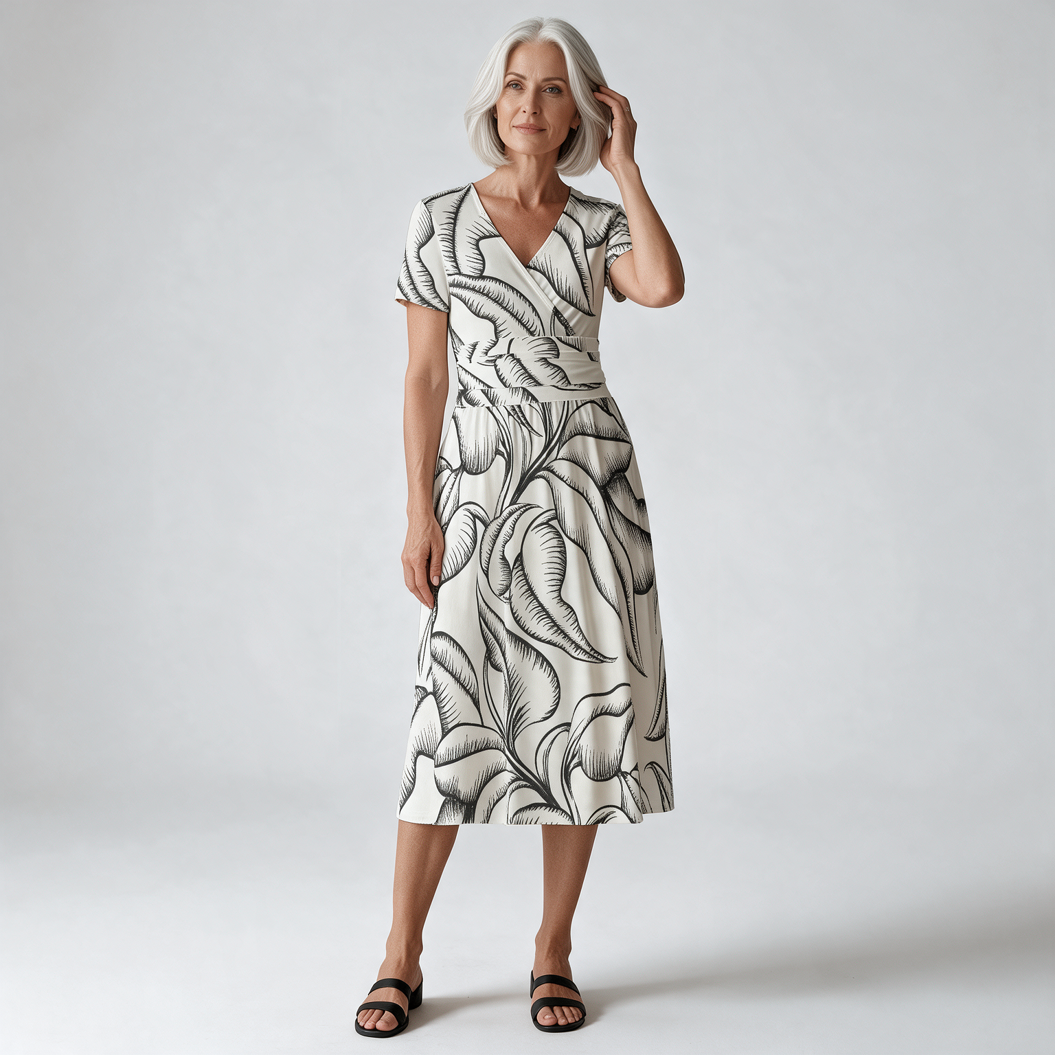 Woman wearing the White Leaf Line V-Neck Midi Dress by Creamy Cougar