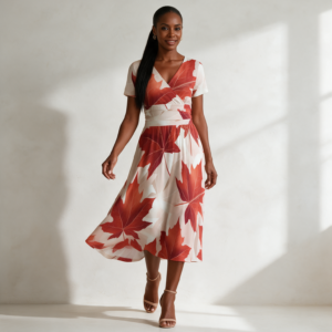 Woman wearing the Red Maple Leaf Print V-Neck Midi Dress by Creamy Cougar