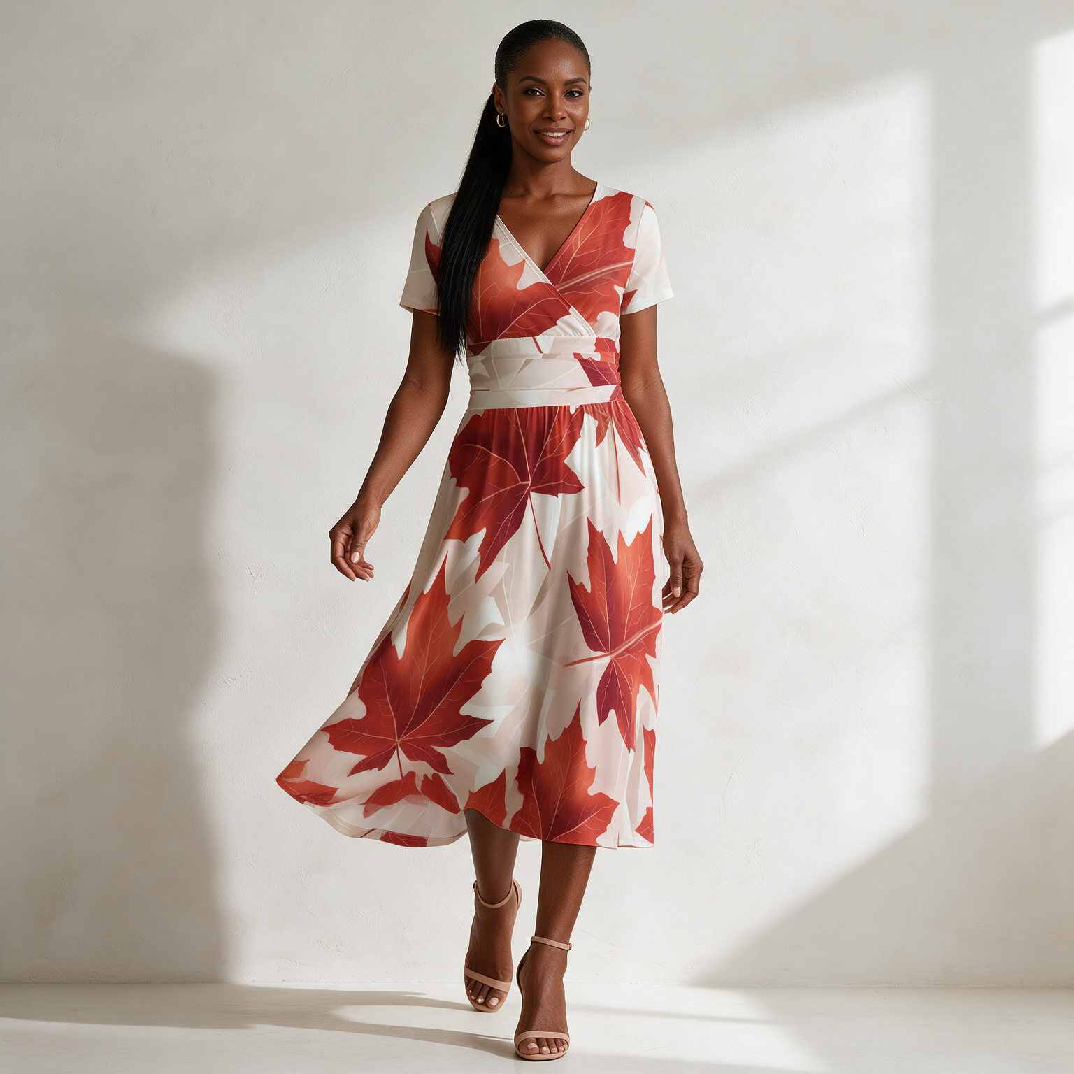 Woman wearing the Red Maple Leaf Print V-Neck Midi Dress by Creamy Cougar