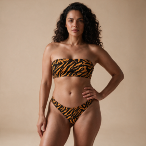 Woman wearing the Tiger Stripe Tube Top & Panty Set by Creamy Cougar