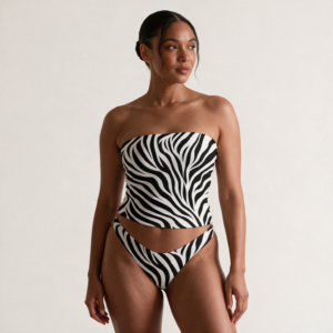Woman wearing the Zebra Print Tube Top & Panty Set by Creamy Cougar
