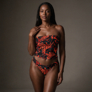 Woman wearing the Red Tiger Print Tube Top & Panty Set by Creamy Cougar