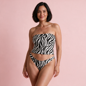 Woman wearing the Classic Zebra Print Tube Top & Panty Set by Creamy Cougar