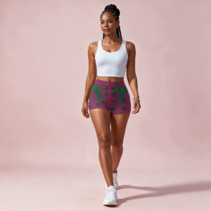 Woman wearing the Magenta Paisley Print High-Stretch Shorts by Creamy Cougar