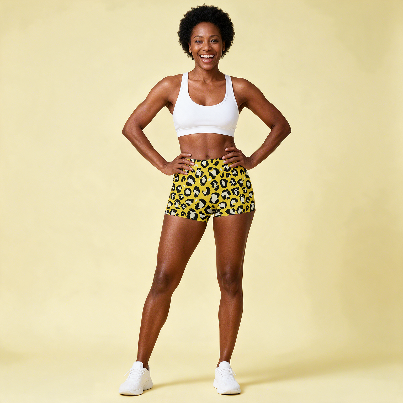 Woman wearing the Yellow Leopard Print High-Stretch Shorts by Creamy Cougar
