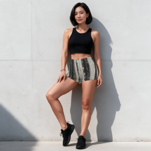 Woman wearing the Charcoal Stripe High-Stretch Shorts by Creamy Cougar