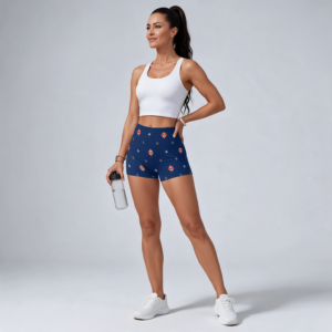 Woman wearing the Navy Folk Print High-Stretch Shorts by Creamy Cougar