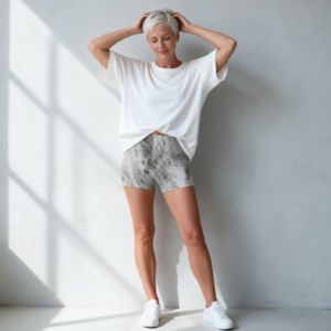 Woman wearing the Grey Marble High-Stretch Shorts by Creamy Cougar