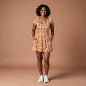 Woman wearing the Orange Mosaic Print Athletic Dress with Built-In Shorts by Creamy Cougar